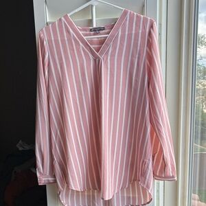 Adrianna Papell Pink and White Striped V-Neck Blouse